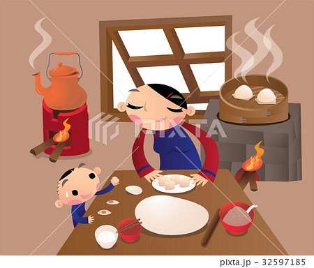 Preparing Chinese dumplings in kitchen 32597185
