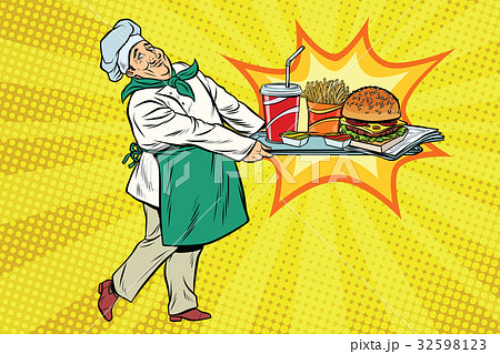 The Chef Brings A Tray Of Fast Foodのイラスト素材