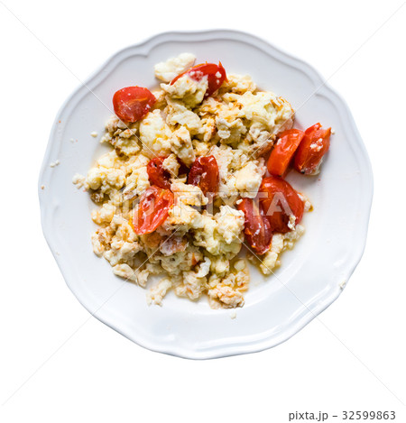Fried eggs with slices of tomatoes in plate Fried eggs with slices of tomatoes in plate 32599863