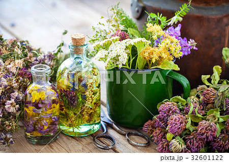 Mug of healing herbs, tea kettle, tincture bottles Mug of healing herbs, tea kettle, tincture bottles 32601122