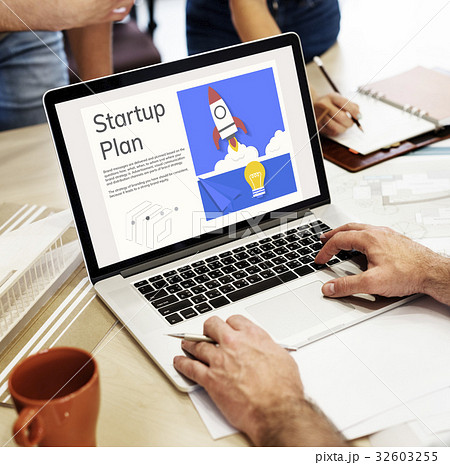 Hands working on laptop network graphic overlay 32603255