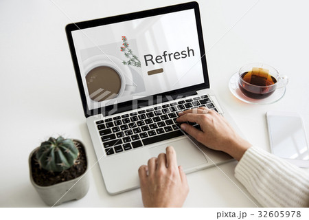 Illustration of coffee cup decoration cafe commercial on laptop Illustration of coffee cup decoration cafe commercial on laptop 32605978