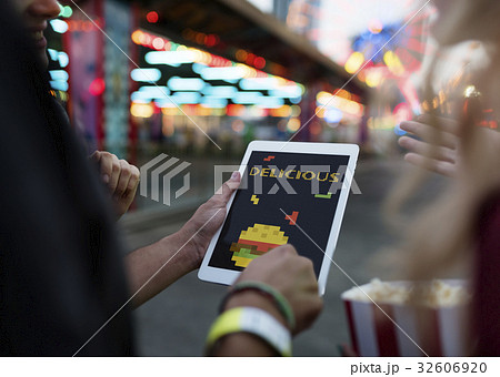 8 bit illustration of tasty burger meal on digital tablet 8 bit illustration of tasty burger meal on digital tablet 32606920