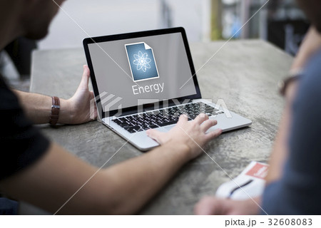 Man working on laptop network graphic overlay 32608083