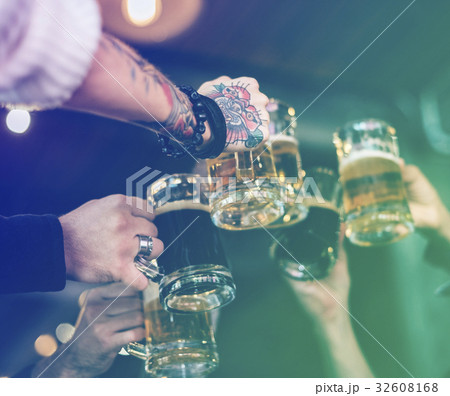 Group of people celebrate party with beer 32608168