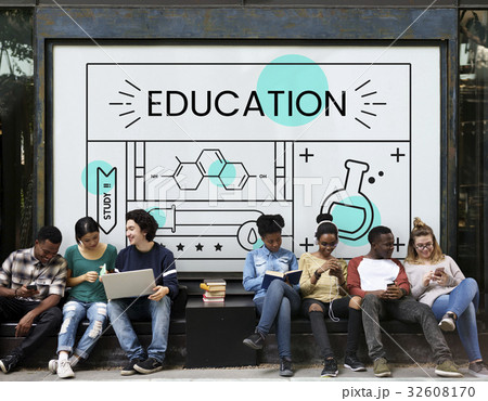 Group of students with illustration of science chemistry experiment study 32608170