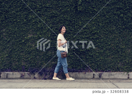 Adult Woman With Camera Capture Snap Shot Outdoor Activity Adult Woman With Camera Capture Snap Shot Outdoor Activity 32608338