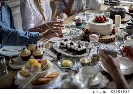 People celebrate birthday party with cake People celebrate birthday party with cake 32608657