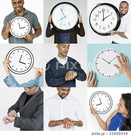 Set of Diverse People With Time Management Studio Collage 32609339