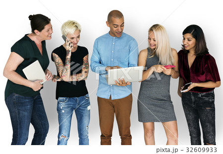 Happiness group of people smiling and conneted by digital devices 32609933