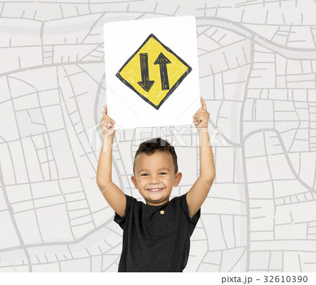 Young boy holding network graphic overlay banner Young boy holding network graphic overlay banner 32610390