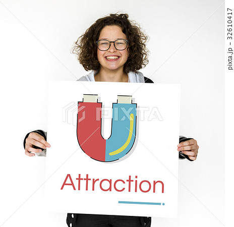 Girl holding banner of horseshoe magnetic field energy illustration Girl holding banner of horseshoe magnetic field energy illustration 32610417