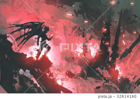 devil standing on ruins of buildings 32614160