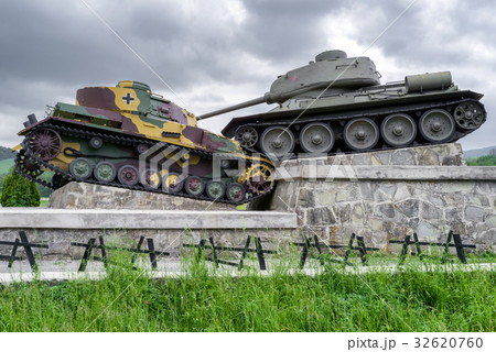 World war II tank monument in Svidnik, Slovakiaの写真素材