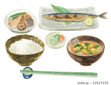 焼き魚定食 さんまのイラスト素材