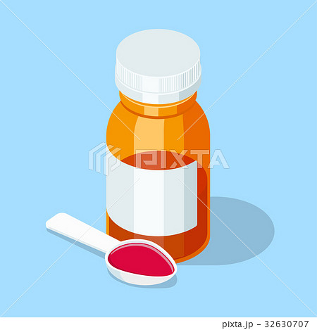 Cough syrup. Medical mixture in spoon and bottle. 32630707