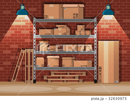 Pile cardboard boxes on shelves in warehouse 32630973