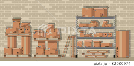 Pile cardboard boxes on shelves in warehouse 32630974