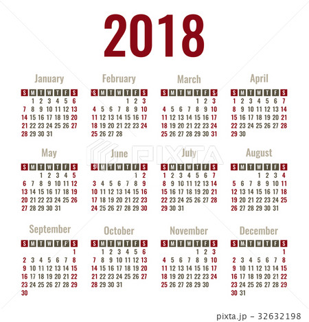 Calendar for 2018. Week Starts Sunday. Simple 32632198