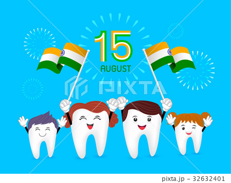 Cute cartoon family tooth character waving flag Cute cartoon family tooth character waving flag 32632401