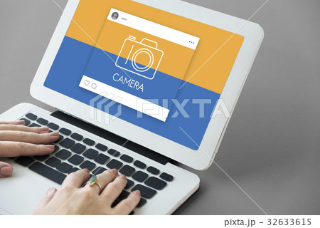 People using computer working with camera icon graphic People using computer working with camera icon graphic 32633615
