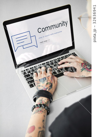 Hands working on laptop network graphic overlay 32636941