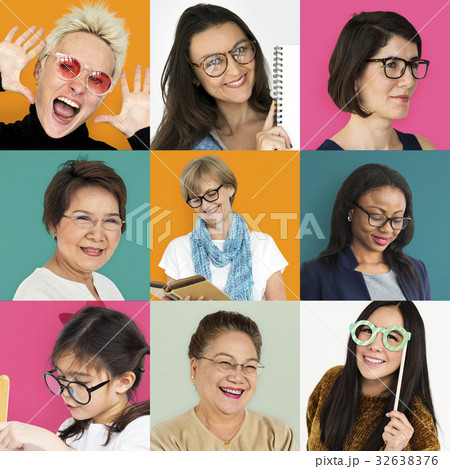 Collection of ladies with glasses smiling 32638376