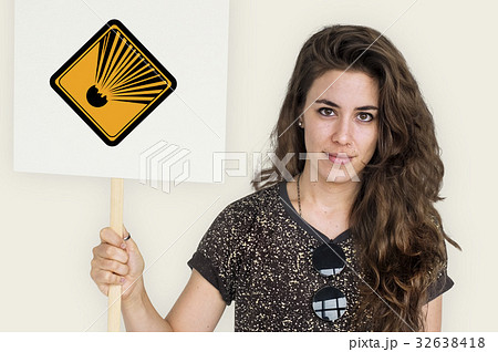Studio Shoot Holding Banner with Explosion Attention Sign 32638418