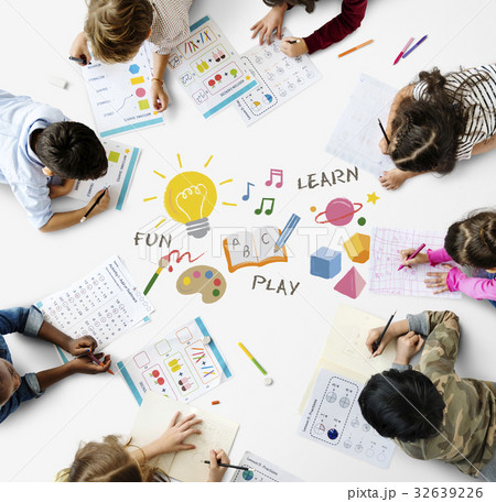 Children working on floor network graphic overlay Children working on floor network graphic overlay 32639226