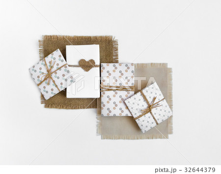 Handmade rustic gifts on white. Top view, flat lay 32644379