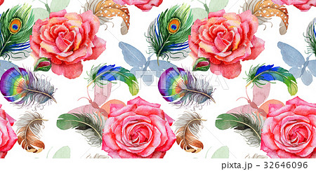 Watercolor bird feather pattern from wing. 32646096