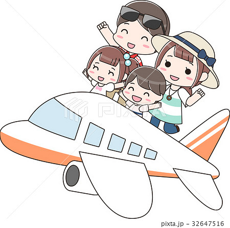 飛行機で旅行に行く家族 半袖 のイラスト素材