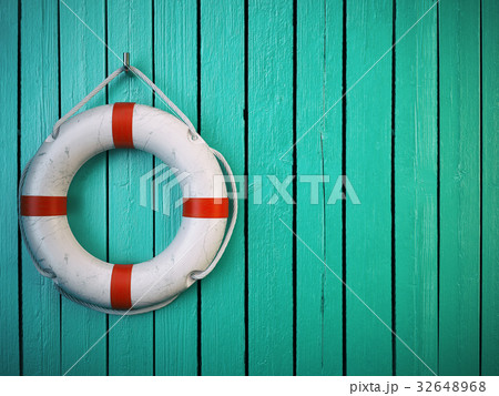 Life belt or rescue ring on wooden wall. Salvation 32648968