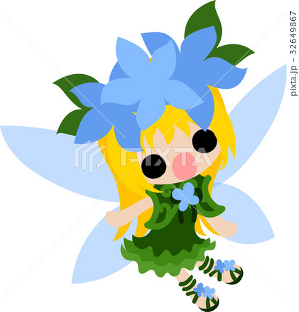 青い花の可愛い妖精のイラストのイラスト素材