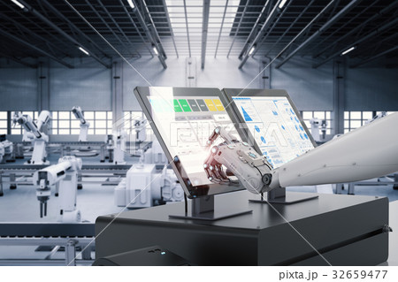 robot working on monitor screen 32659477