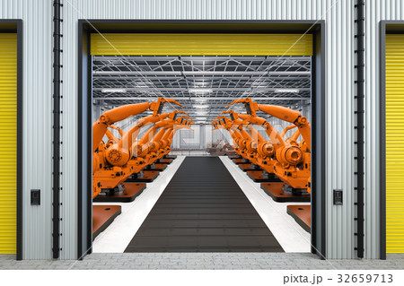 robot arms with conveyor line in factory 32659713
