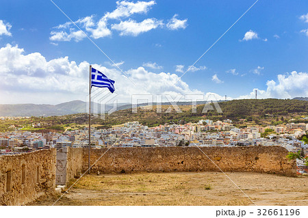 Greek flag in castle Fortezza. Rethymno, Crete 32661196