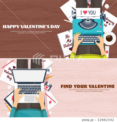 Flat background with typewriter. Love, hearts 32662342