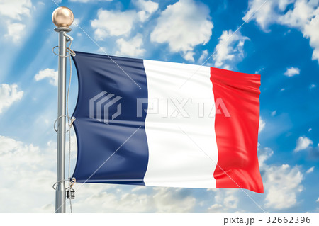 French flag waving in blue cloudy sky 32662396