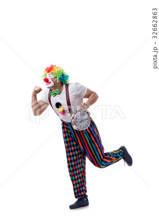 Funny clown with an alarm clock isolated on white Funny clown with an alarm clock isolated on white 32662863