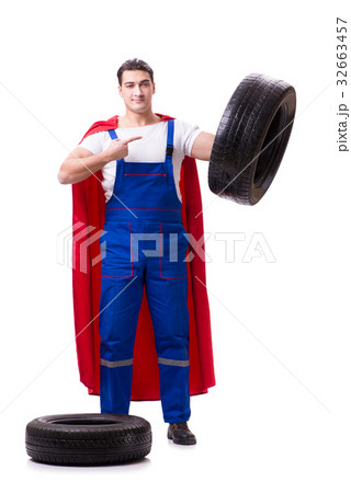 Superhero man with tyre isolated white background Superhero man with tyre isolated white background 32663457