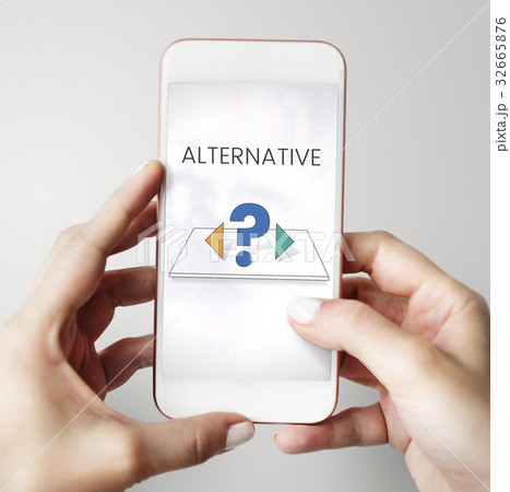 Hands working on digital device network graphic overlay 32665876