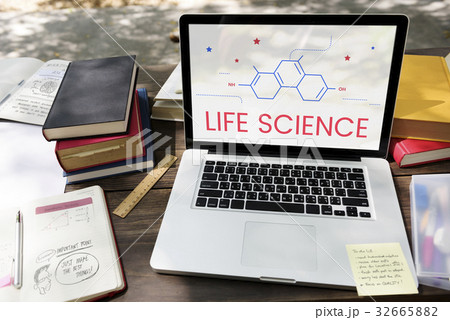 Network connection graphic overlay background on laptop screen 32665882