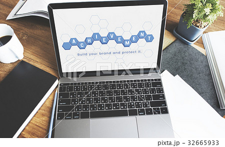 Network connection graphic overlay background on laptop screen 32665933