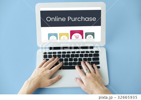 Hands working on laptop network graphic overlay 32665935