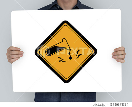 Studio Shoot Holding Banner with Test Tube Chemical Attention Sign 32667814