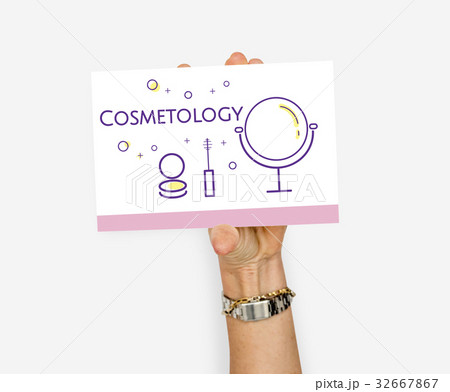 Hand holding illustration of beauty cosmetics makeover skincare banner Hand holding illustration of beauty cosmetics makeover skincare banner 32667867