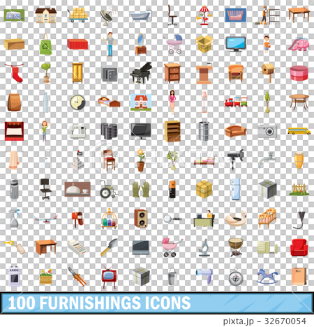 100 furnishings icons set, cartoon style 100 furnishings icons set, cartoon style 32670054