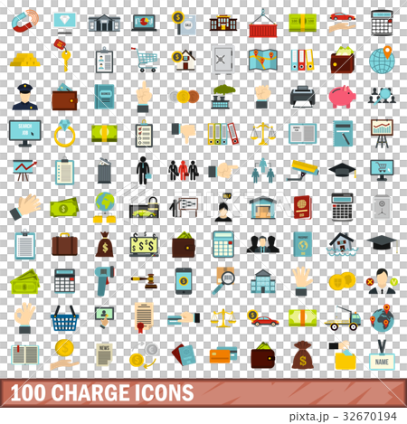100 charge icons set, flat style 32670194