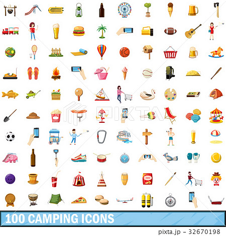 100 camping icons set, cartoon style 32670198